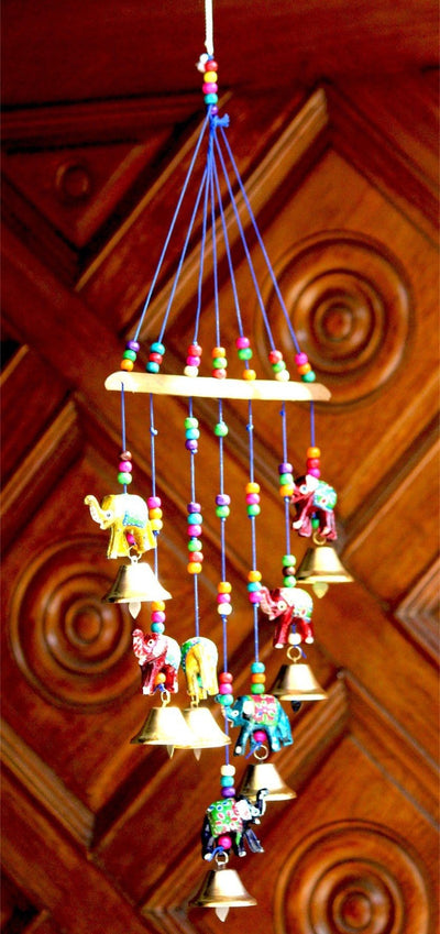 LAMANSH Elephant Bell Toran Multicolor / Wood / Standard LAMANSH® Elephant On Wooden Stick 7 Showpiece Decorative Door Wall Window Hanging Bells Toran Set of 1 (8 X 2 X 20 inch)