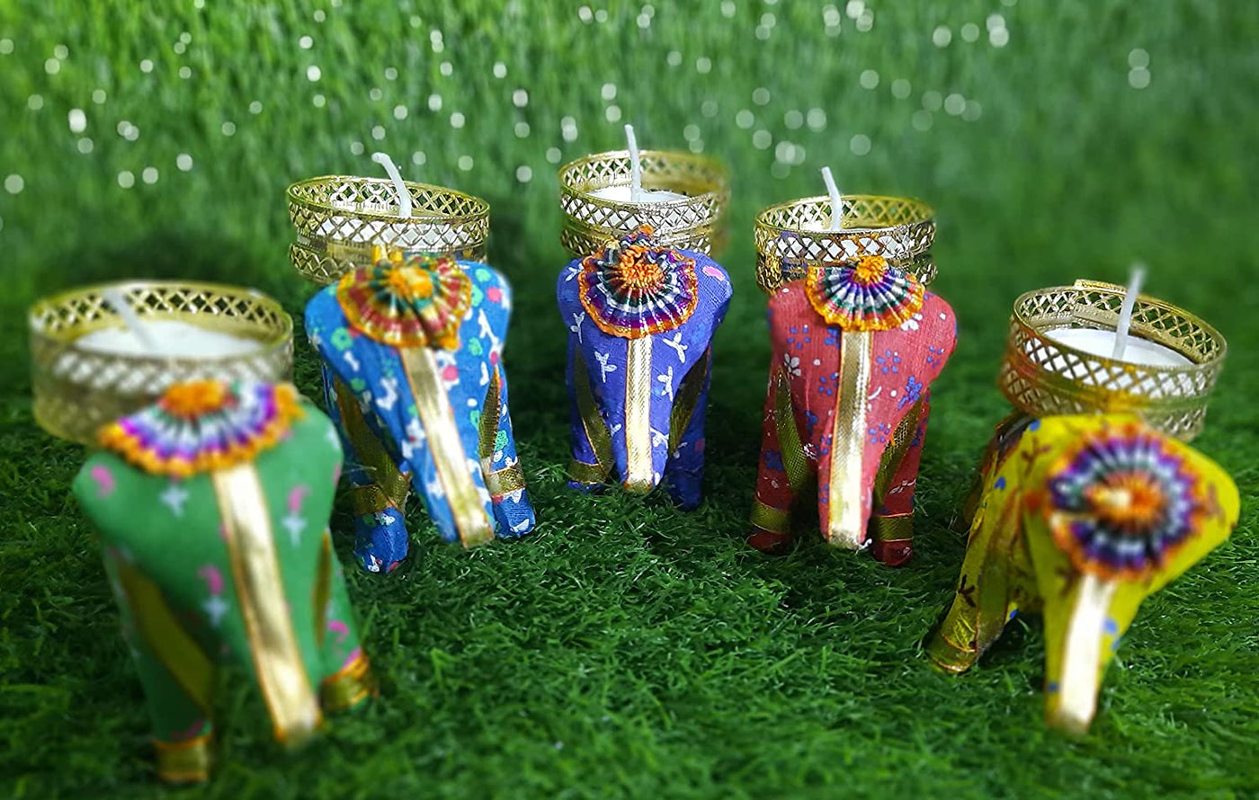 LAMANSH Elephant Tea Light Holder Multicolor / Wood / 6 LAMANSH® Pack of 6 Elephant T-Lights Candle Holder Stand with Wax Candles for Home Decor Diwali Festival Decoration Diwali Gifts