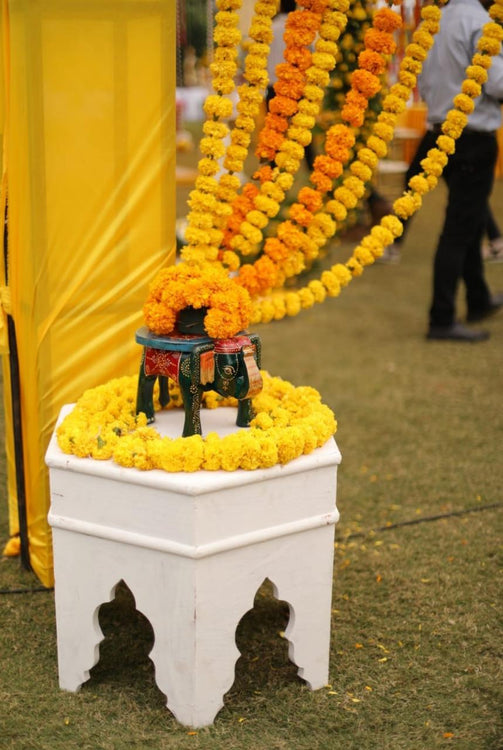 LAMANSH Handcrafted and Emboss Painted Colorful Wooden Elephant Shape Stool for Indian wedding events decoration (8 Inches Height, Random color )