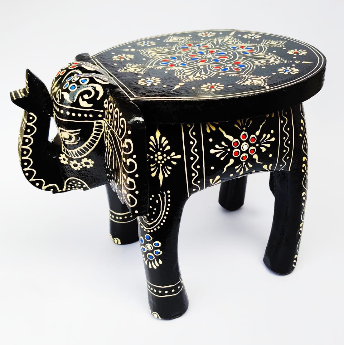 LAMANSH ® event decoration Assorted colors / Wood LAMANSH Handcrafted and Emboss Painted Colorful Wooden Elephant Shape Stool for Indian wedding events decoration (8 Inches Height, Black)