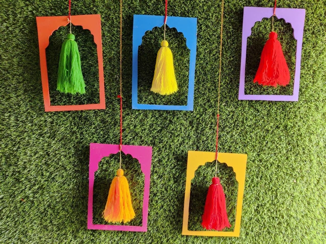 Lamansh event decoration Assorted colors / Woolen Tassels / 10 LAMANSH® 10pcs Frame Style Tassels (7*11 inch) hangings for indian wedding decoration & backdrops / ethnic event decoration products