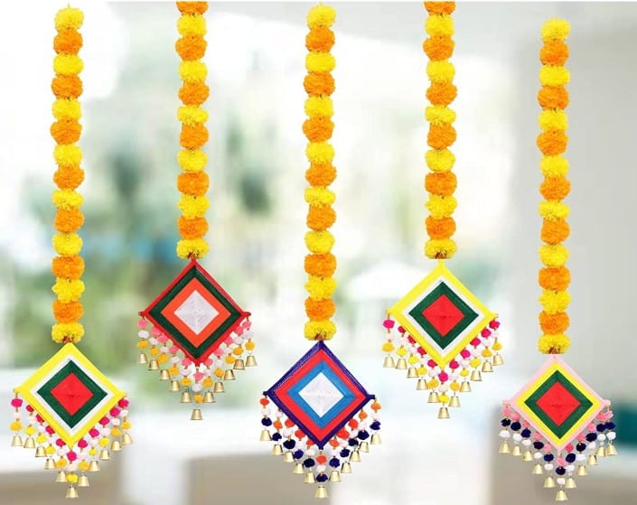 Lamansh Event Decoration Multicolour / Wool LAMANSH (Pack of 5) 5ft Height Handmade Artificial Marigold Fluffy Flowers Colorful Woolen Kite Bells Hanging