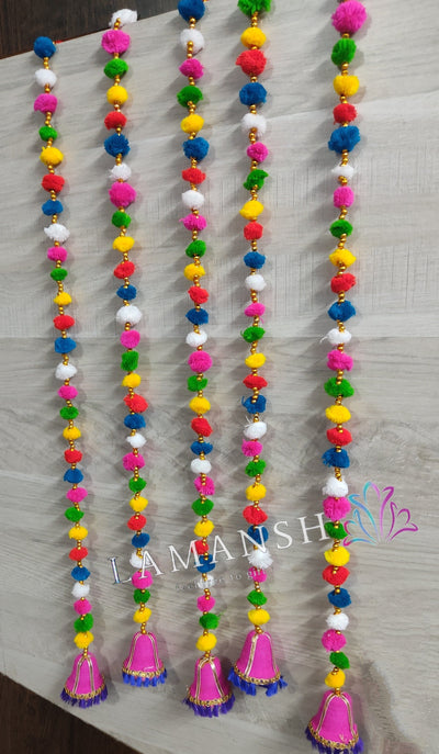 LAMANSH event pom pom hangings LAMANSH® Pack of 10 New Variety Decorative Hanging Latkans (2.5 ft length each) for Home Decor Front Door Diwali & Wedding 🎉 / Long Pom Poms Beads Bells Latkans for backdrops & home decor