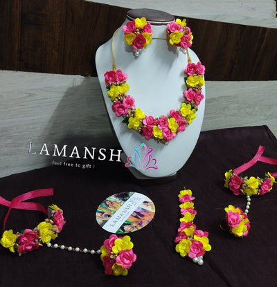 LAMANSH fabric flower set Yellow-Pink-Golden / Free Size / Bridal Look LAMANSH® 🌺🌹🌷Floral Jewellery Set for Haldi Mehendi ceremony