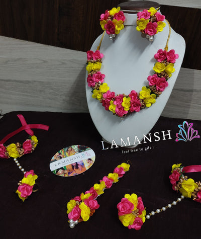 LAMANSH fabric flower set Yellow-Pink-Golden / Free Size / Bridal Look LAMANSH® 🌺🌹🌷Floral Jewellery Set for Haldi Mehendi ceremony