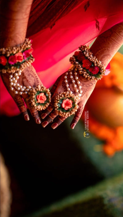 Lamansh floral bracelet Gold Pink Orange / Artificial Flowers / Haldi ,Wedding,Engagement LAMANSH® Floral 🌺 Bracelet Attached with Ring Set for Engagement / for Haldi / Floral Accessories set