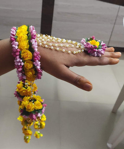 Lamansh Floral 🌺 Bracelet Set Attached to Ring & Kalire Pair of Floral 🌺 Kalire with Bracelets for Both Hands / Yellow-Pink LAMANSH® (pack of 2) Special Floral Kaleere Set 🌺 with Hand Bracelets / Kalire set