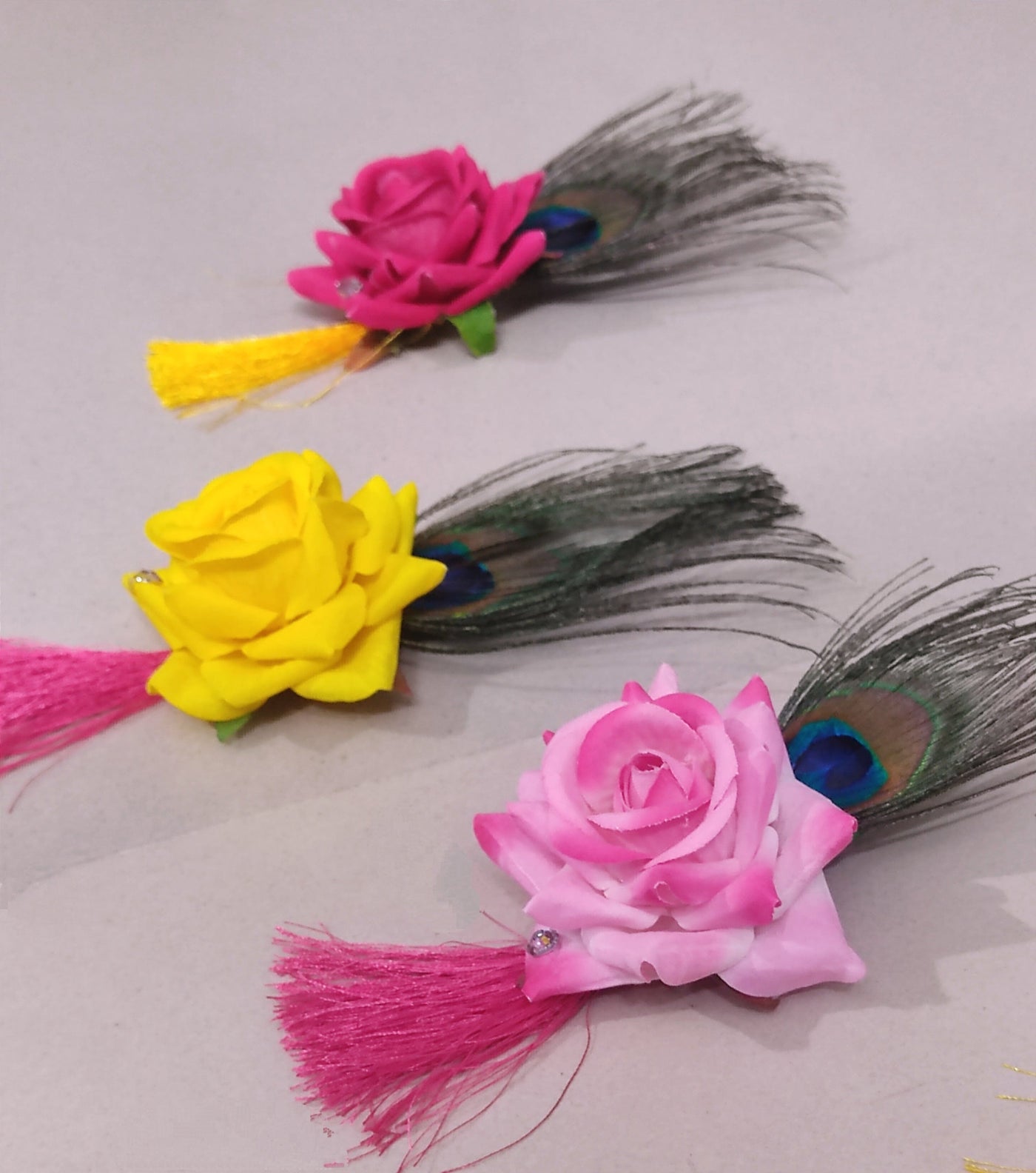 LAMANSH Floral 🌺 brooches LAMANSH® Rose Flower Brooches with Mor pankh & Tassels ( Assorted colors ) Bridesmaid Giveaways Favours ✨ for haldi mehendi sangeet