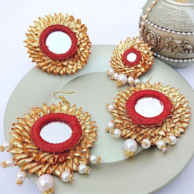 Lamansh Floral 🌺 Giveaways 1 Maangtika, 1 Ring & 2 Earrings set / Red LAMANSH® Gota patti Jewellery Set / Set of 1 Maangtika,1 Ring & 2 Earrings set For Women & Girls / Haldi Set