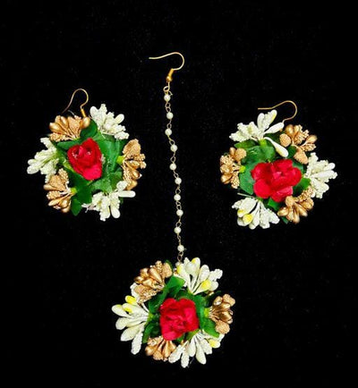 Lamansh Floral 🌺 Giveaways 1 Maangtika & 2 Earrings set / Gold-White-Red LAMANSH® Flower Jewellery Set / Set of 1 Maangtika & 2 Earrings / For Women & Girls / Haldi Set