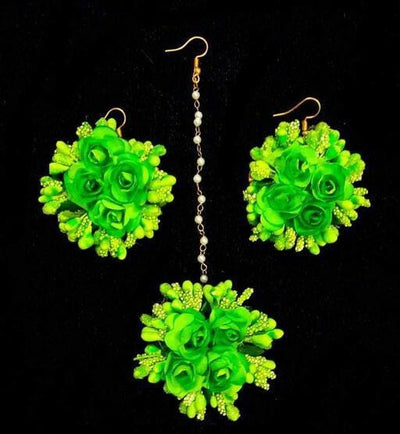 Lamansh Floral 🌺 Giveaways 1 Maangtika & 2 Earrings set / Green LAMANSH® Flower Jewellery Set / Set of 1 Maangtika & 2 Earrings / For Women & Girls / Haldi Set
