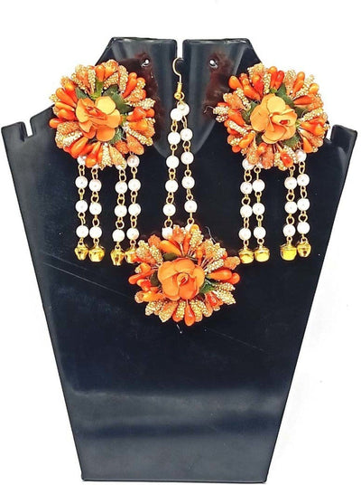 Lamansh Floral 🌺 Giveaways 1 Maangtika & 2 Earrings set / Orange LAMANSH® Ghungroo Collection Flower Jewellery Set / Set of 1 Maangtika & 2 Earrings / For Women & Girls / Haldi Set