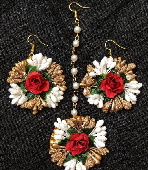 Lamansh Floral 🌺 Giveaways 1 Maangtika & 2 Earrings set / Red-Gold-White LAMANSH® Flower Jewellery Set / Set of 1 Maangtika & 2 Earrings / For Women & Girls / Haldi Set