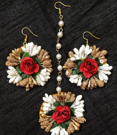Lamansh Floral 🌺 Giveaways 1 Maangtika & 2 Earrings set / Red-Gold-White LAMANSH® Flower Jewellery Set / Set of 1 Maangtika & 2 Earrings / For Women & Girls / Haldi Set
