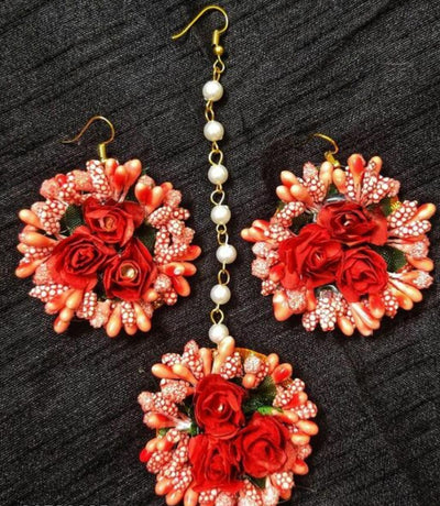 Lamansh Floral 🌺 Giveaways 1 Maangtika & 2 Earrings set / Red LAMANSH® Flower Jewellery Set For Women & Girls / Set of 1 Maangtika & 2 Earrings / Haldi Set