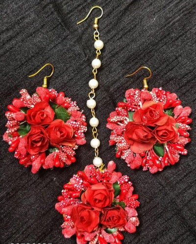 Lamansh Floral 🌺 Giveaways 1 Maangtika & 2 Earrings set / Red LAMANSH® Flower Jewellery Set / Set of 1 Maangtika & 2 Earrings / For Women & Girls / Haldi Set