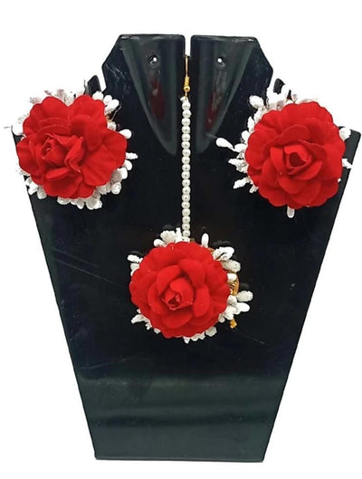Lamansh Floral 🌺 Giveaways 1 Maangtika & 2 Earrings set / Red LAMANSH® Flower Jewellery Set / Set of 1 Maangtika & 2 Earrings / For Women & Girls / Haldi Set