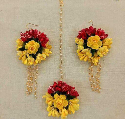 Lamansh Floral 🌺 Giveaways 1 Maangtika & 2 Earrings set / Red-Yellow LAMANSH® Flower Jewellery Set / Set of 1 Maangtika & 2 Earrings / For Women & Girls / Haldi Set