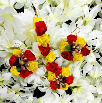 Lamansh Floral 🌺 Giveaways 1 Maangtika & 2 Earrings set / Red - Yellow LAMANSH® Set of 1 Maangtika & 2 Earrings / For Women & Girls / Haldi Set