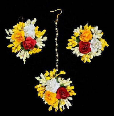Lamansh Floral 🌺 Giveaways 1 Maangtika & 2 Earrings set / Yellow-White-Red LAMANSH® Flower Jewellery Set / Set of 1 Maangtika & 2 Earrings / For Women & Girls / Haldi Set