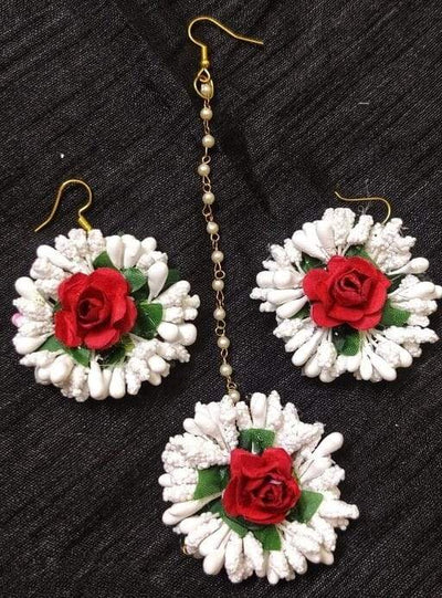 Lamansh Floral 🌺 Giveaways 3 Maangtika & 3 pair Earrings set / Red-White LAMANSH® Flower Jewellery Set / Set of 3 Maangtika & 3 pair Earrings / For Women & Girls / Haldi Set