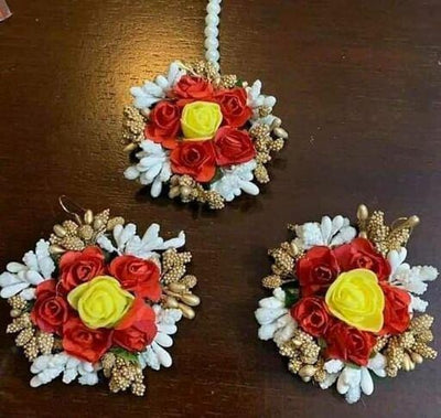 Lamansh Floral 🌺 Giveaways 5 Maangtika & 10 Earrings set / Yellow- white-Red LAMANSH® Flower Jewellery Set / Set of 5 Maangtika & 10 Earrings / For Women & Girls / Haldi Set