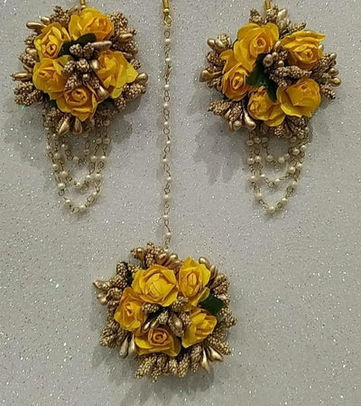 Lamansh Floral 🌺 Giveaways 5 Maangtika & 5 pair Earrings set / Yellow - Glod LAMANSH®(Set of 5 ) Flower Jewellery Earrings & 1 Maangtika / Haldi Set