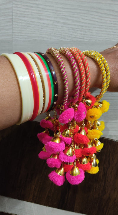LAMANSH Floral 🌺 Giveaways Assorted colors / 25 Bangles with latkan LAMANSH 25 Pcs Artificial Floral Gota Free size Bangles set with latkan /Sangeet Haldi Mehendi Favors for Bridesmaid / giveaways set