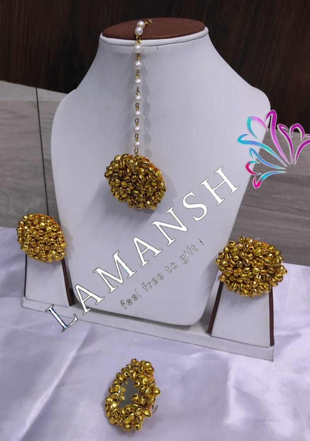 LAMANSH Floral 🌺 Giveaways Gold / 1 Ghungroo Ring , 2 Earrings , 1 Maangtika LAMANSH® Gorgeous 🔥 Bridal Ghungroo & Mirror Work Jewellery Set / Bridal Accessories set
