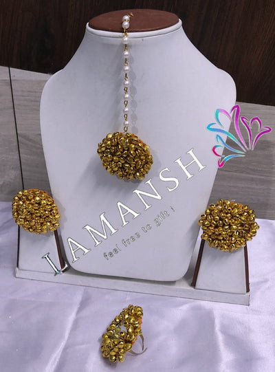 LAMANSH Floral 🌺 Giveaways Gold / 1 Ghungroo Ring , 2 Earrings , 1 Maangtika LAMANSH® Gorgeous 🔥 Bridal Ghungroo & Mirror Work Jewellery Set / Bridal Accessories set
