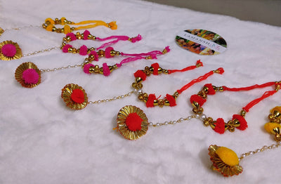 LAMANSH Floral 🌺 Giveaways LAMANSH® Gota Pom Pom Floral 🌸 bracelets attached to Ring / Hathphools for Favors for Bridesmaids for Haldi mehendi wedding