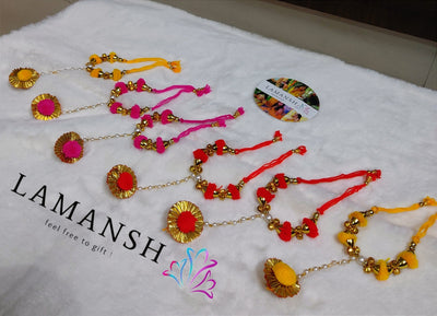 LAMANSH Floral 🌺 Giveaways LAMANSH® Gota Pom Pom Floral 🌸 bracelets attached to Ring / Hathphools for Favors for Bridesmaids for Haldi mehendi wedding