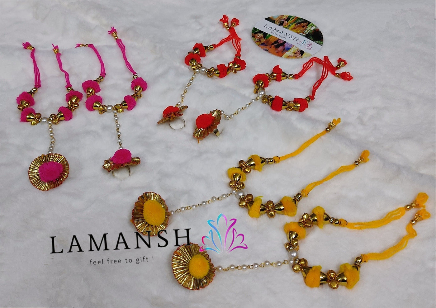 LAMANSH Floral 🌺 Giveaways LAMANSH® (Pack of 20 pcs) Gota Pom Pom Floral 🌸 bracelets attached to Ring / Hathphools for Favors for Bridesmaids for Haldi mehendi wedding