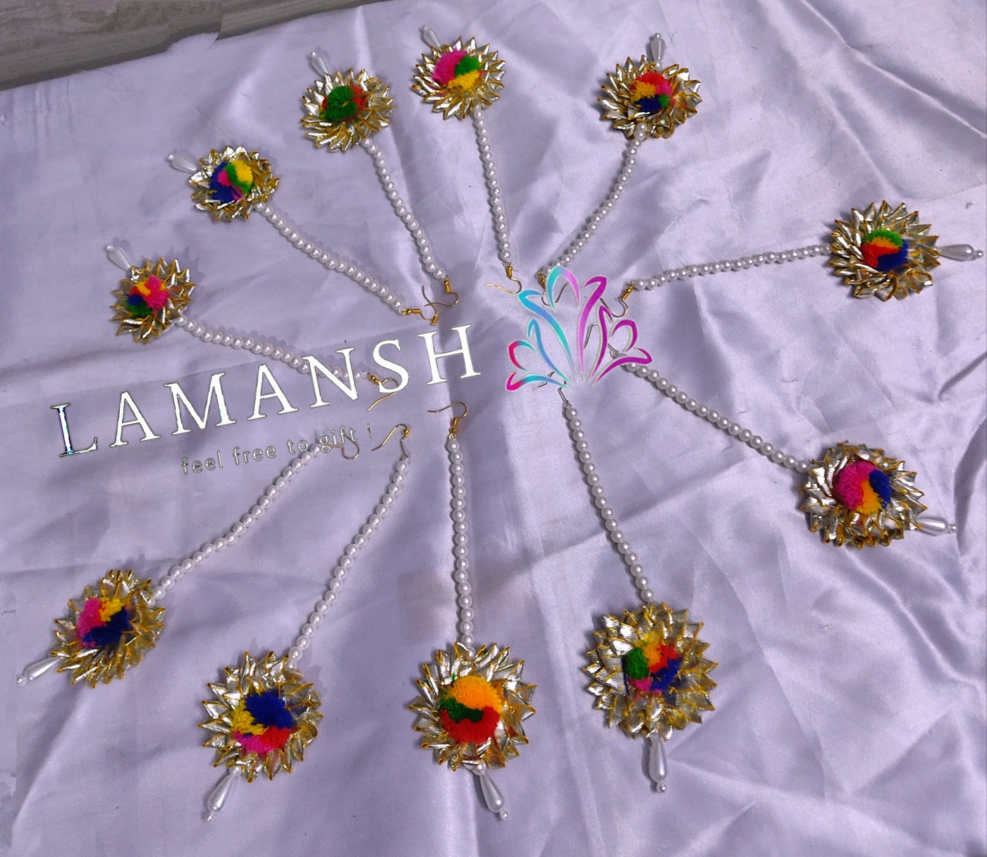 LAMANSH Floral 🌺 Giveaways LAMANSH® (Set of 25) Pom Pom Gota Patti Maangtika's / Bridesmaid Giveaways set