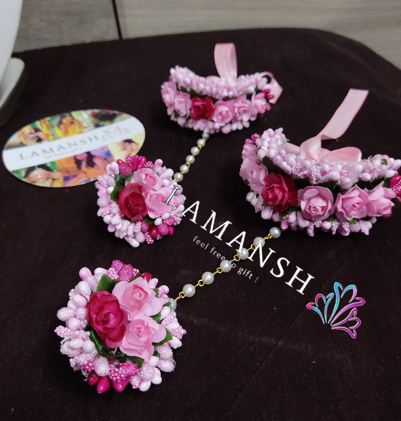 LAMANSH Floral 🌺 Giveaways Light pink & Dark pink / 5 Pair Floral Hathphool LAMANSH ( Set of 5 Pair) Pink Floral Bracelets Attached to Ring /Mehendi Favors for Bridesmaid Set