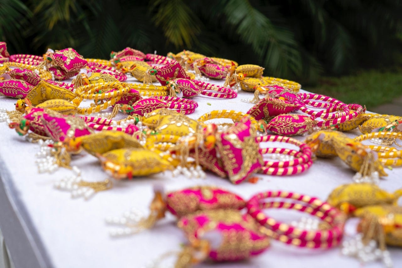 LAMANSH Floral 🌺 Giveaways Multi colour / 10 Bangles with pillow & Parrot hangings LAMANSH Set of 10 Bangles Artificial Floral Gota Hathphool Bangles set /Haldi Mehendi Favors for Bridesmaid