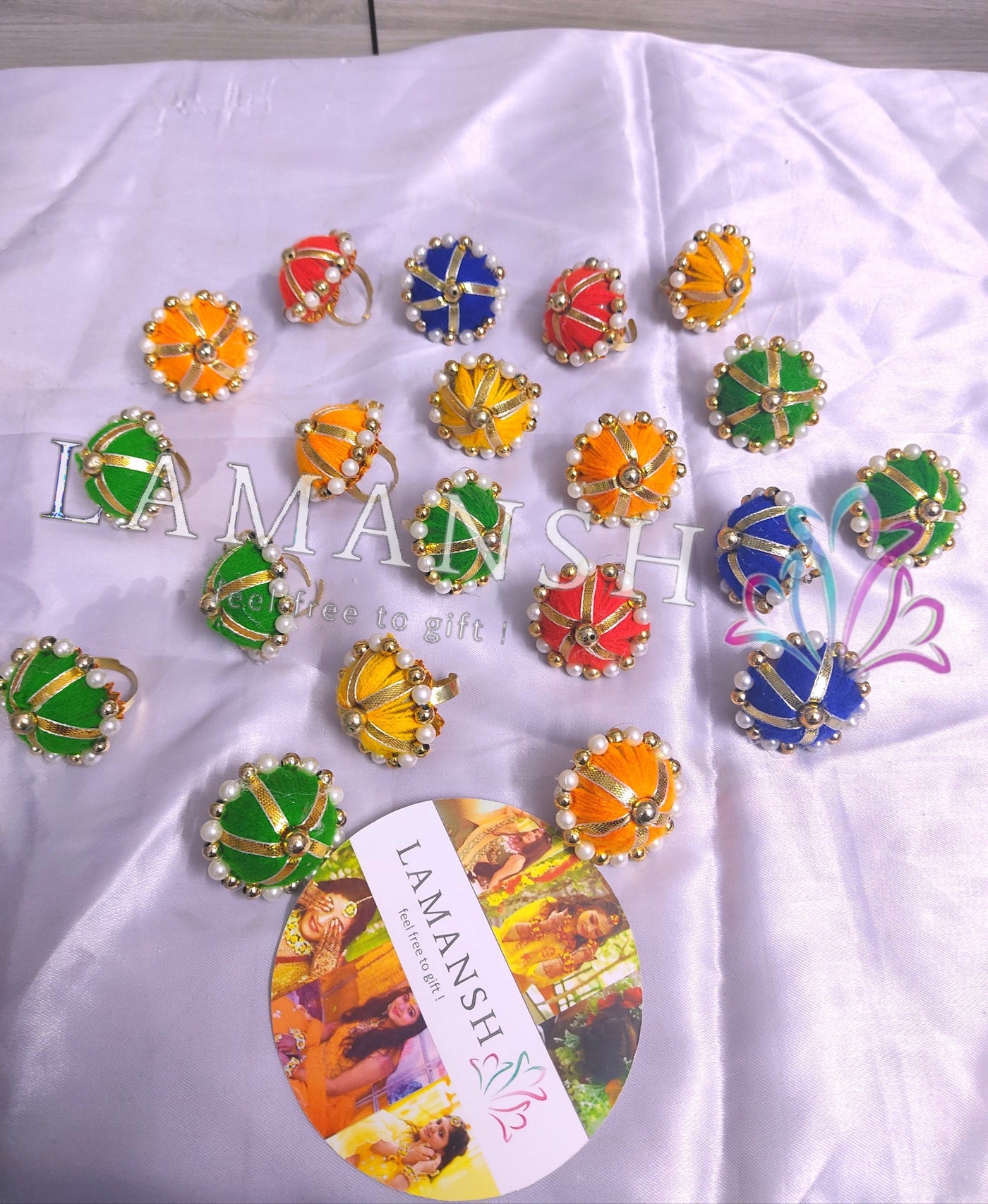 LAMANSH Floral 🌺 Giveaways Multicolor / Set of 50 Rings 💍 LAMANSH® Artificial Flower 💍Ring's / Gota Patti Rings For Bridesmaid Giveaways ( Set of 50, Mix Color ) set