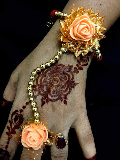 LAMANSH Floral 🌺 Giveaways Orange - Gold / 5 Pair Floral Hathphool LAMANSH Gota Patti Floral 🌺 Bracelets Attached to Ring ( Set of 5 Pair)