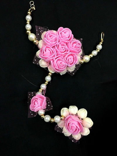 Pink Flower bracelets set attached to rings 