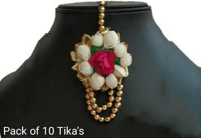 LAMANSH Floral 🌺 Giveaways Pink-White-Golden / Set of 10 Maangtika's LAMANSH® Artificial Flower Maangtika's / Bridesmaid Giveaways / Haldi Flower Jewellery ( Set of 10 ) set