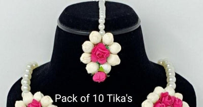 LAMANSH Floral 🌺 Giveaways Pink-White / Set of 10 Maangtika's LAMANSH® Artificial Flower Maangtika's / Bridesmaid Giveaways / Haldi Flower Jewellery ( Set of 10 ) set