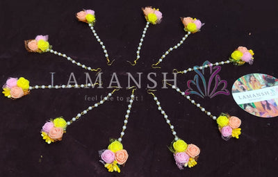 LAMANSH Floral 🌺 Giveaways Pink- Yellow - Peach / Set of 25 Maangtika's LAMANSH® (Set of 25) Artificial Flower Maangtika's / Bridesmaid Giveaways set