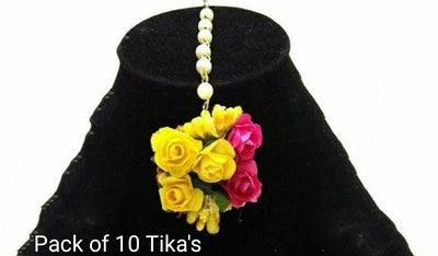 LAMANSH Floral 🌺 Giveaways Pink-Yellow / Set of 10 Maangtika's LAMANSH® Artificial Flower Maangtika's / Bridesmaid Giveaways / Haldi Flower Jewellery ( Set of 10 ) set