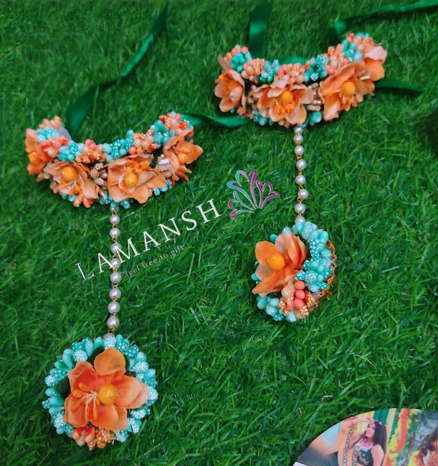LAMANSH Floral 🌺 Giveaways Sea Green - Orange - Golden / 5 Pair Floral Hathphool LAMANSH® ( Set of 5 Pair) Flower Hathphools Bracelets Attached to Ring / Haldi Sangeet Mehendi Favors for Bridesmaid Set