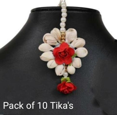 LAMANSH Floral 🌺 Giveaways white-Red / Set of 10 Maangtika's LAMANSH® Artificial Flower Maangtika's / Bridesmaid Giveaways / Haldi Flower Jewellery ( Set of 10 ) set