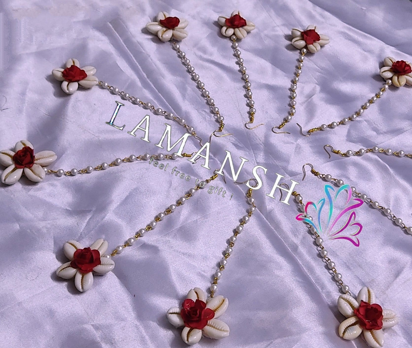 LAMANSH Floral 🌺 Giveaways White-Red / Set of 10 Maangtika's LAMANSH® Shell Flower Maangtika's / Bridesmaid Giveaways ( Set of 10 ) set