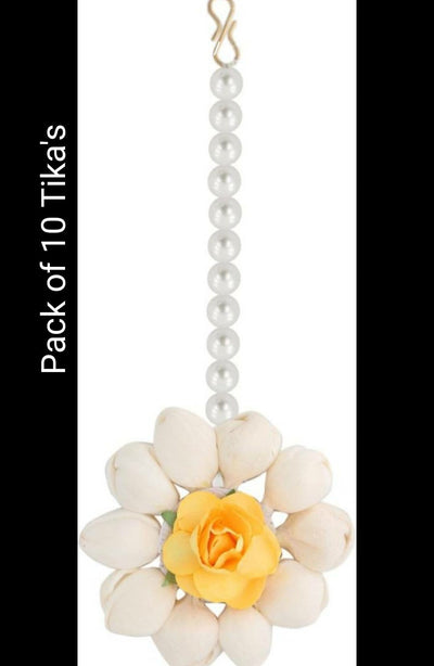LAMANSH Floral 🌺 Giveaways White-yellow / Set of 10 Maangtika's LAMANSH® Artificial Flower Maangtika's / Bridesmaid Giveaways / Haldi Flower Jewellery ( Set of 10 ) set