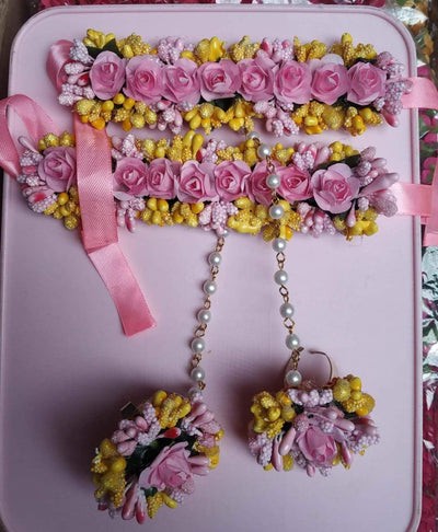 LAMANSH Floral 🌺 Giveaways Yellow - Pink / 5 Pair Floral Hathphool LAMANSH Floral 🌺 Bracelets Attached to Ring ( Set of 5 Pair)