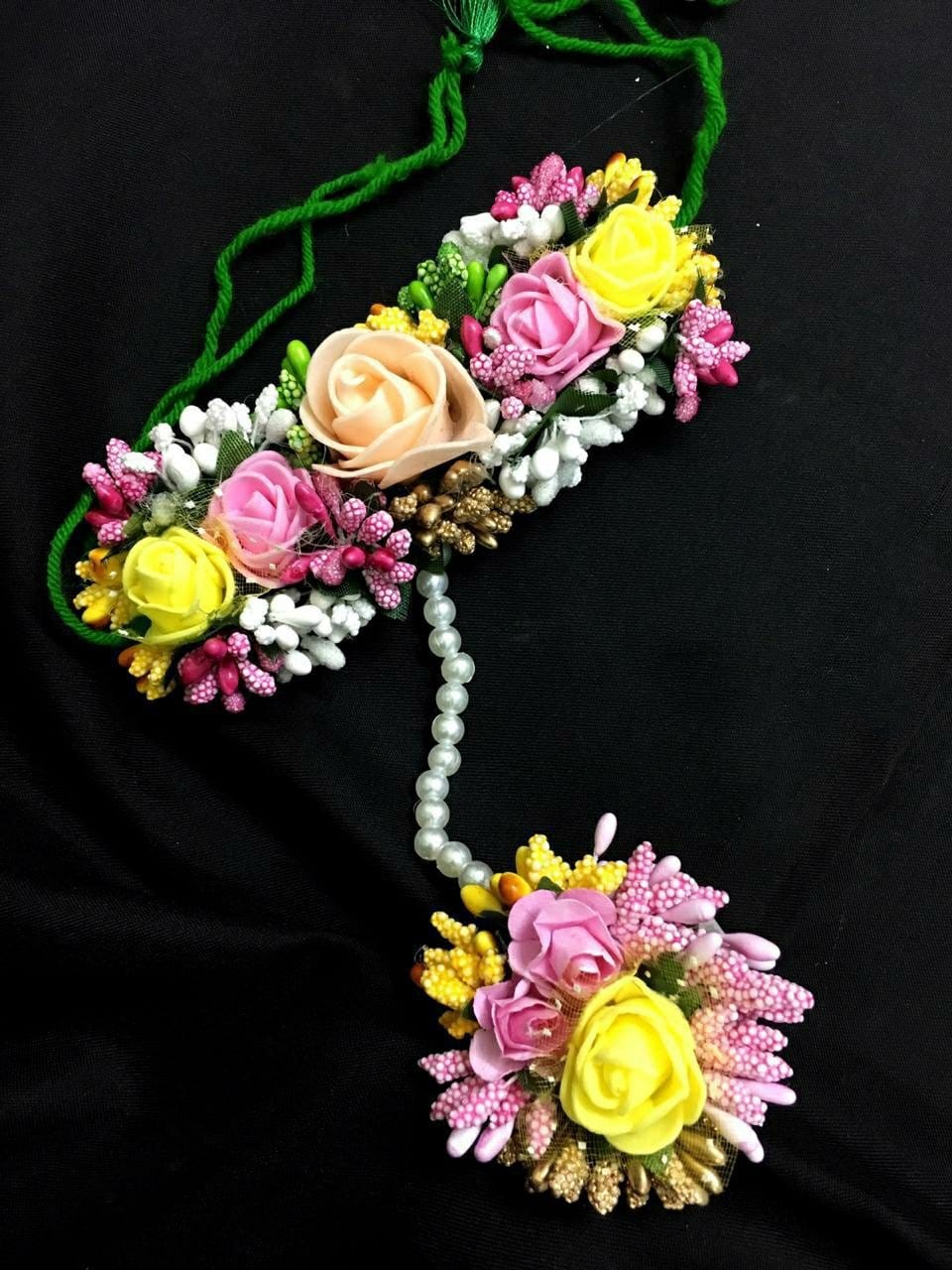 LAMANSH Floral 🌺 Giveaways Yellow - Pink - Peach / 5 Pair Floral Hathphool LAMANSH Multicolored Flower 🌺 Bracelets Attached to Ring ( Set of 5 Pair)