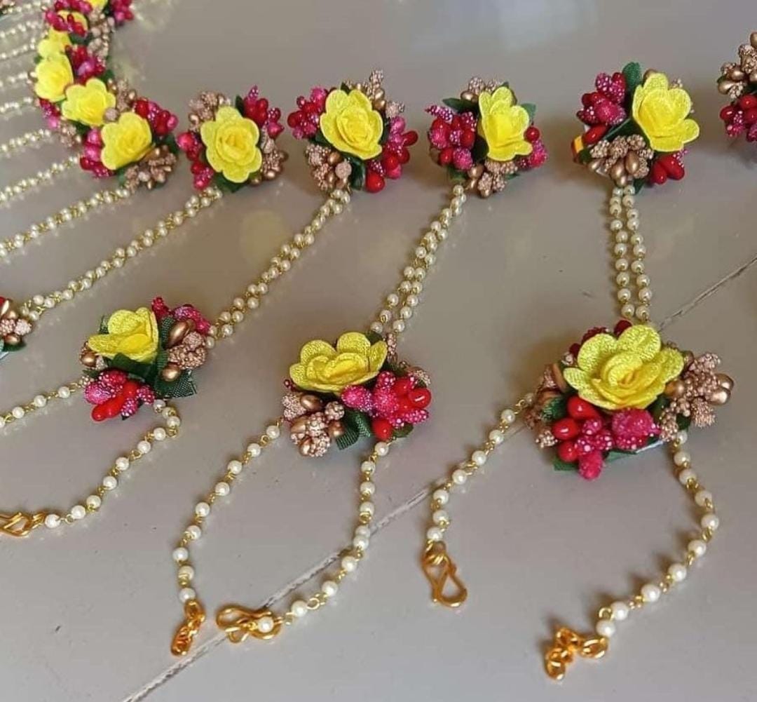 LAMANSH Floral 🌺 Giveaways Yellow - Red / 5 Pair Floral Hathphool LAMANSH ( Set of 5 Pair) Artificial Floral Gotta Bracelets Attached to Ring /Mehendi Favors for Bridesmaid Set